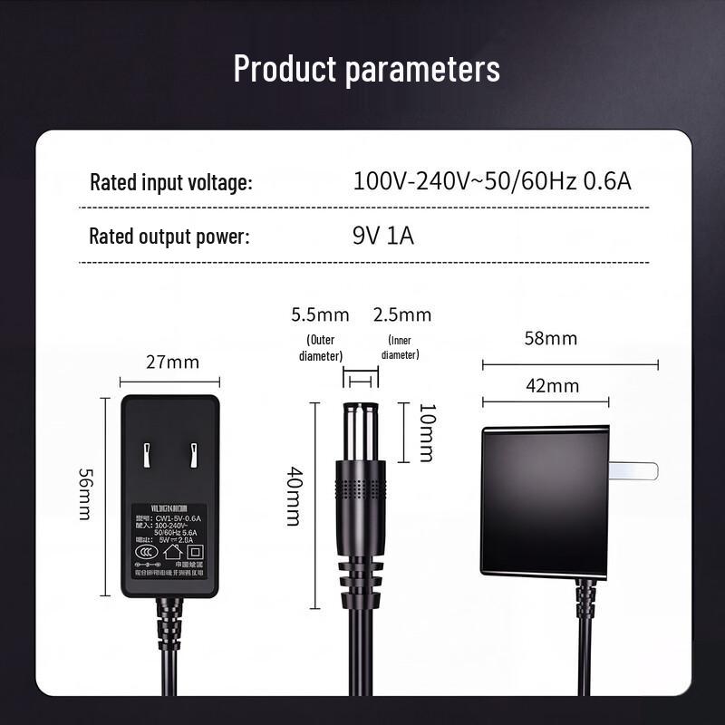 9V 1A DC Power Adapter with 5.5*2.5mm Connector