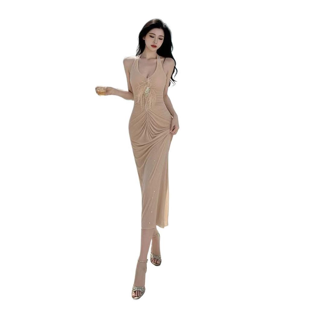 French Beautiful Dress Dress Light Luxury Pleated Waist Thin Sexy Backless Fishtail Neck Dress Women