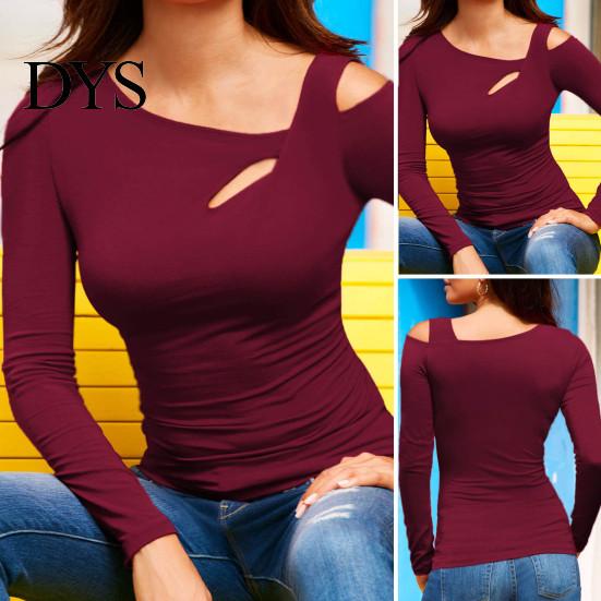 Women Top Sexy Tops Skew Collar Slanted Shoulder Bottoming Body Curves Enhancing Hollow Design Slim Fit Solid Color Long-Sleeved T-Shirt Long-sleeved