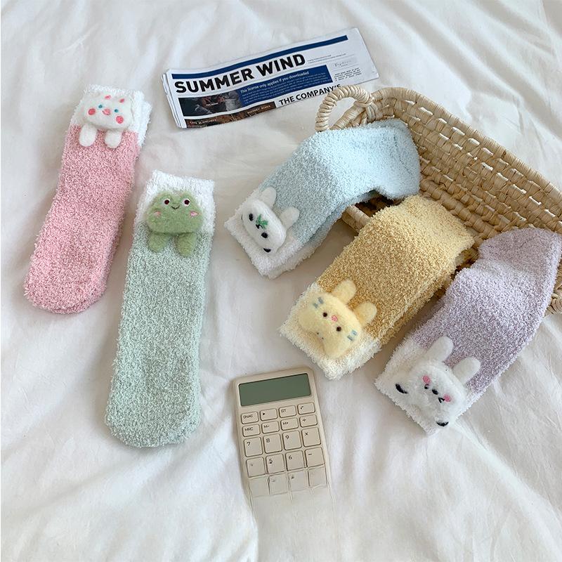 Women Winter Warm Fluffy Socks Cute Animal Frog Rabbit Dog Panda Socks Female Thick Coral Fleece Home Floor Sleep Socks