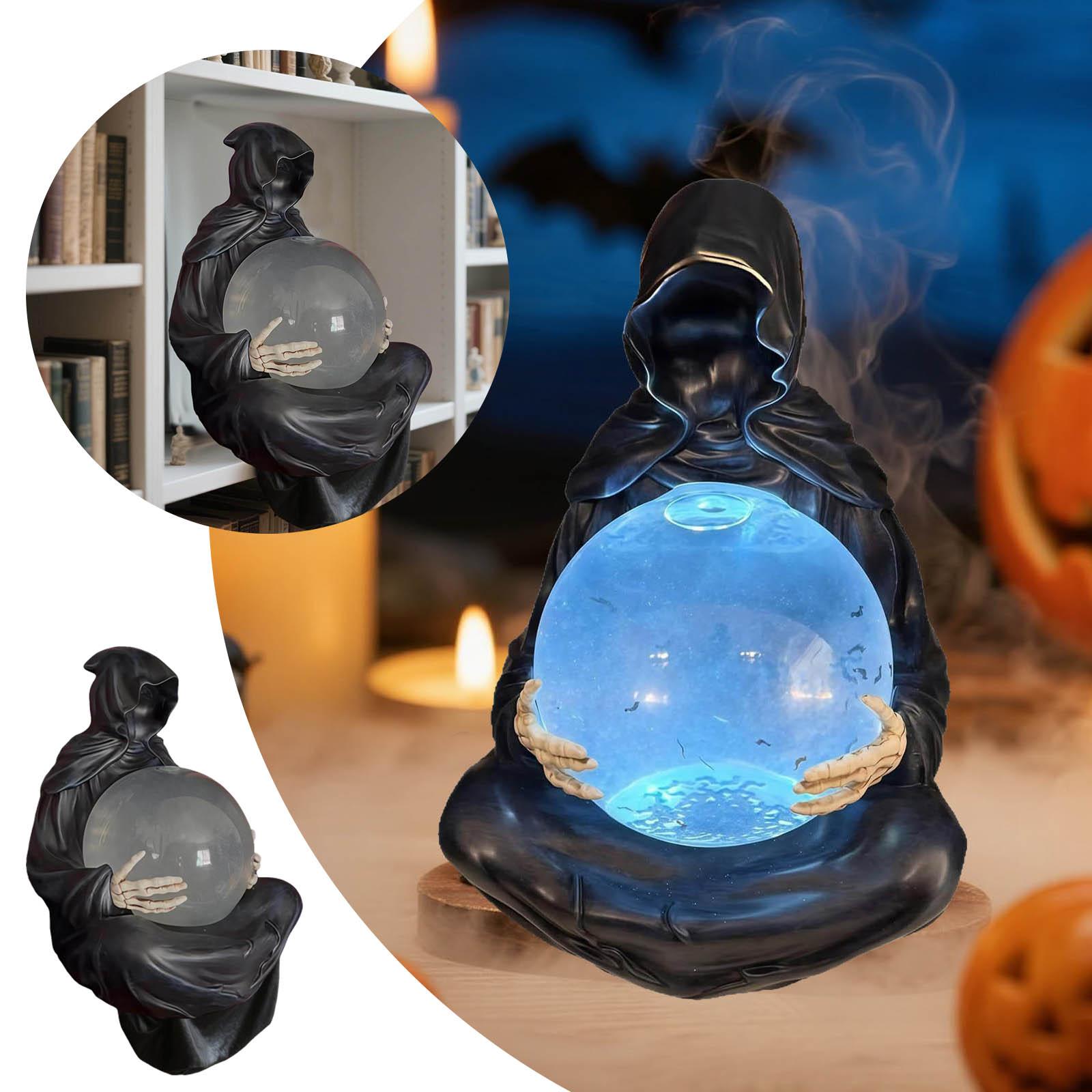 

Halloween Statue Black Robe Man Holding Light-Up Ball Resin Figurine Sculpture Gothic Mysterious Ornament Halloween Home Decor One Size синий