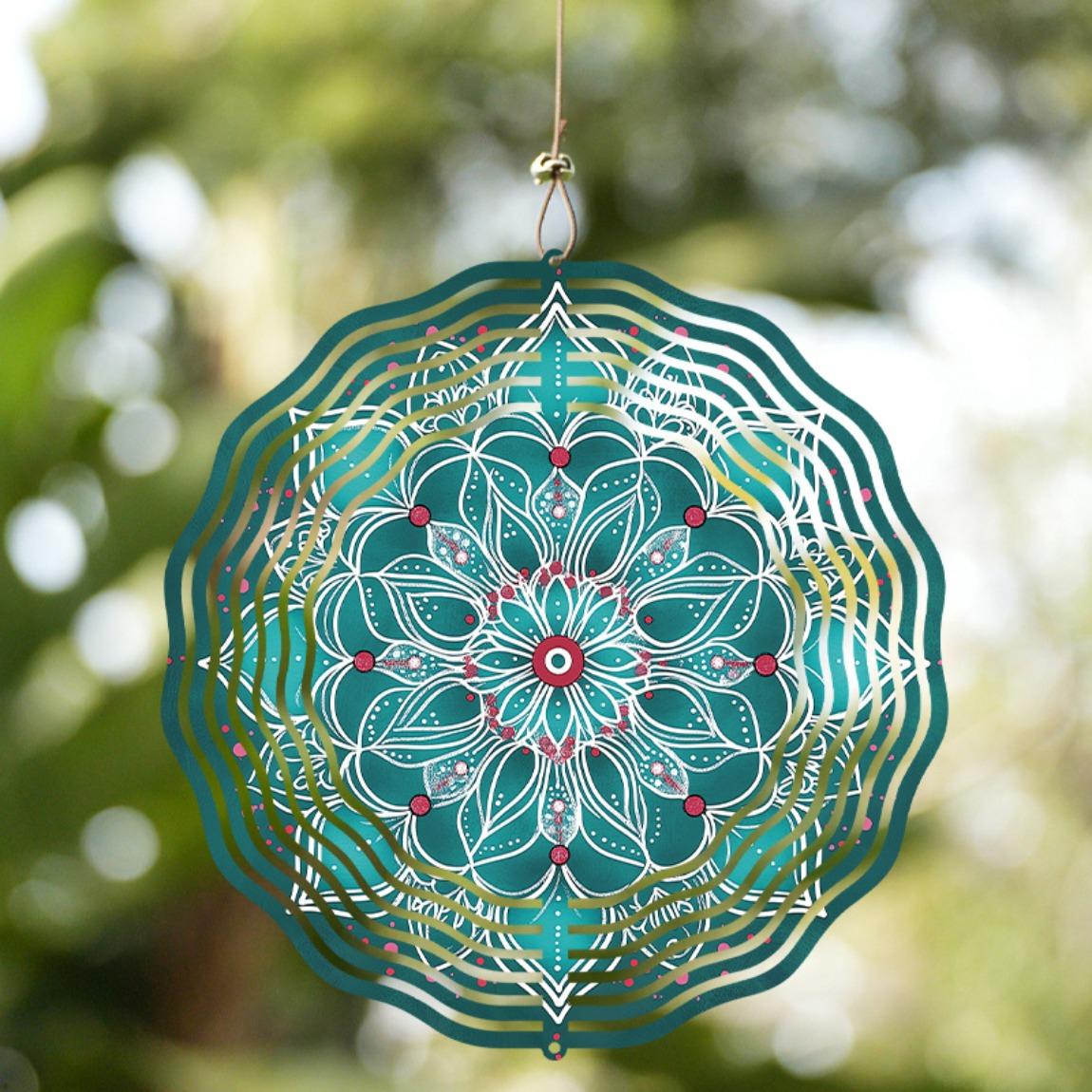 

10 Inch Vibrant Teal Pink Mandala Flower Wind Spinner with 360 Degree Hook for Garden Patio Decor Outdoor Hanging Art Gift 01A