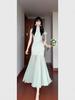 Chic French Green Mesh Patchwork Dress for Women - Summer Beach Vacation, Fresh & Youthful Hip-Hugging Style