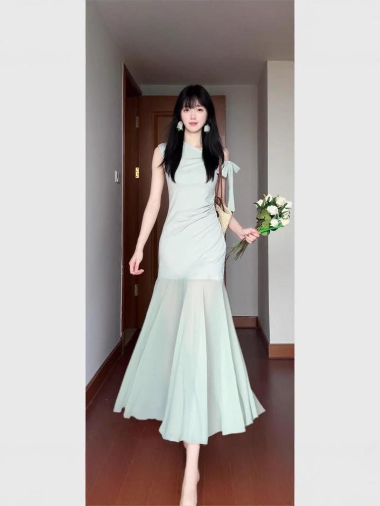 Chic French Green Mesh Patchwork Dress for Women - Summer Beach Vacation, Fresh & Youthful Hip-Hugging Style