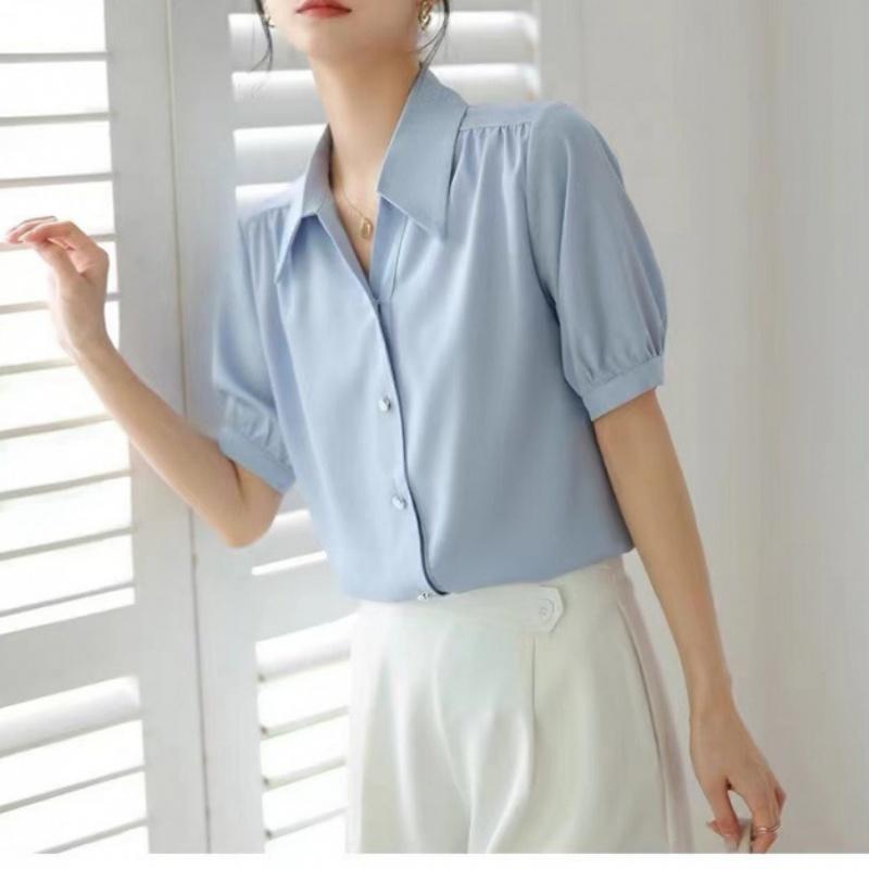 Cămașă Albastră cu Mâneci Scurte pentru Femei, Cămașă de Vară cu Gât în V, Temperament Profesional, Rochie Formală, Top Lejer cu Mâneci Baloon