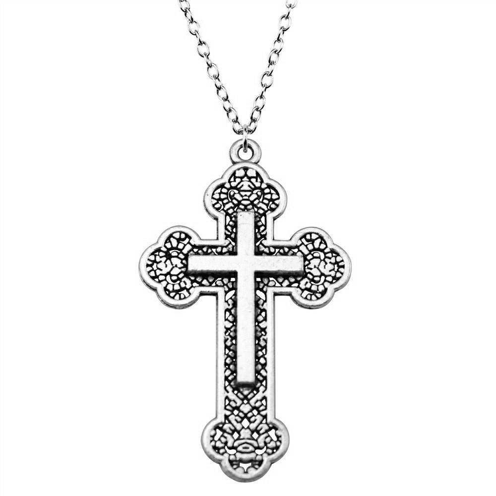 Ornate Cross Pendant Necklace Gothic Religious Christian Statement Jewelry 45cm or 70cm Long Chain