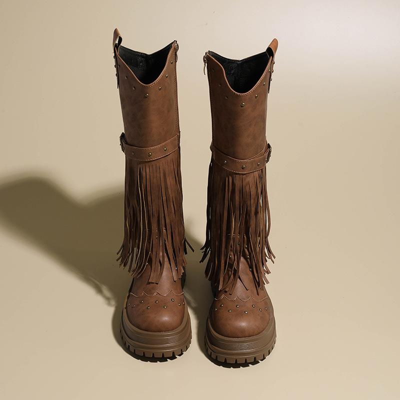 European and American Retro Style Fringed Boots 2025 Autumn and Winter New Rivet Belt Buckle High Boots Fashionable Versatile Knight Boots