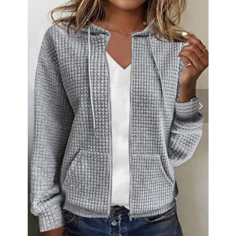 Womens Solid Color Hooded Zip Up Loose Long Sleeve Waffle Knit Sweatshirt