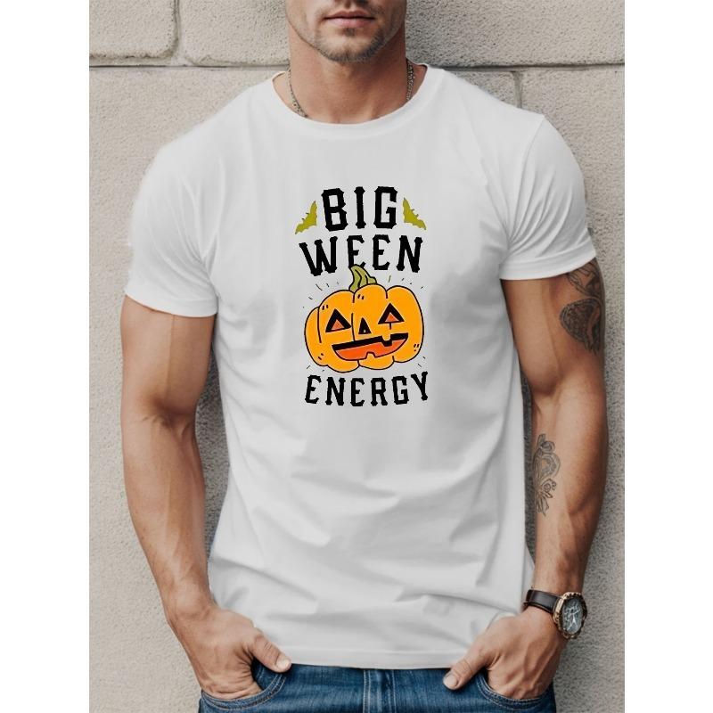 

European sizes Men s Halloween Pumpkin Big Ween Energy T-Shirt - Geometric Pattern Crew Neck, Casual Summer Knit Top with Slight Stretch 4XL білий