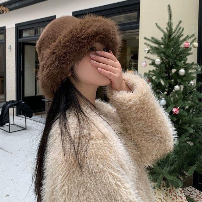 2025 Fluffy Fur Fisherman Hat Women Winter Plush Bucket Hat Ear Protection Cap Windproof Warm Female Panama Caps Russian Hat