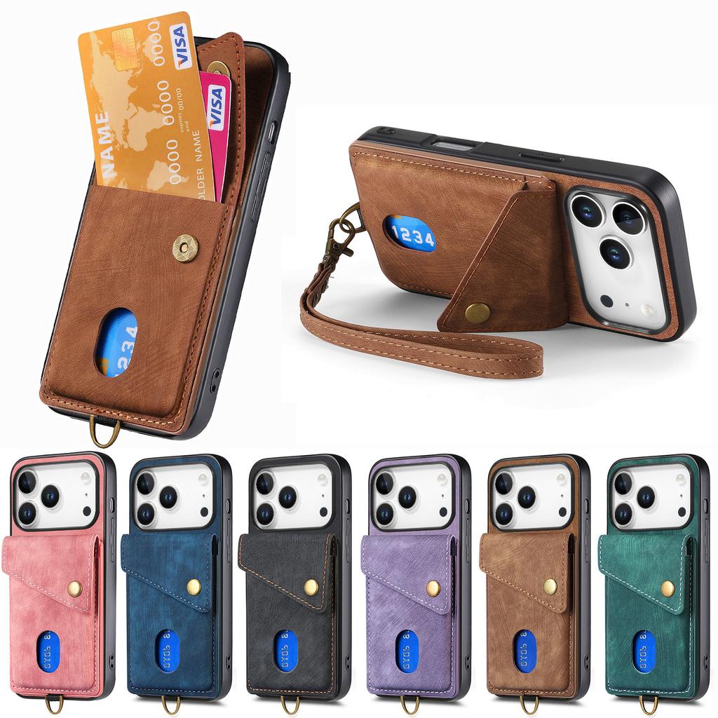 Retro Multi Functional Vertical Card Solt Wallet Leather Case For iPhone 17 Pro Max 16 Plus 15 14 13 12 11 17air Strap Bag Cover