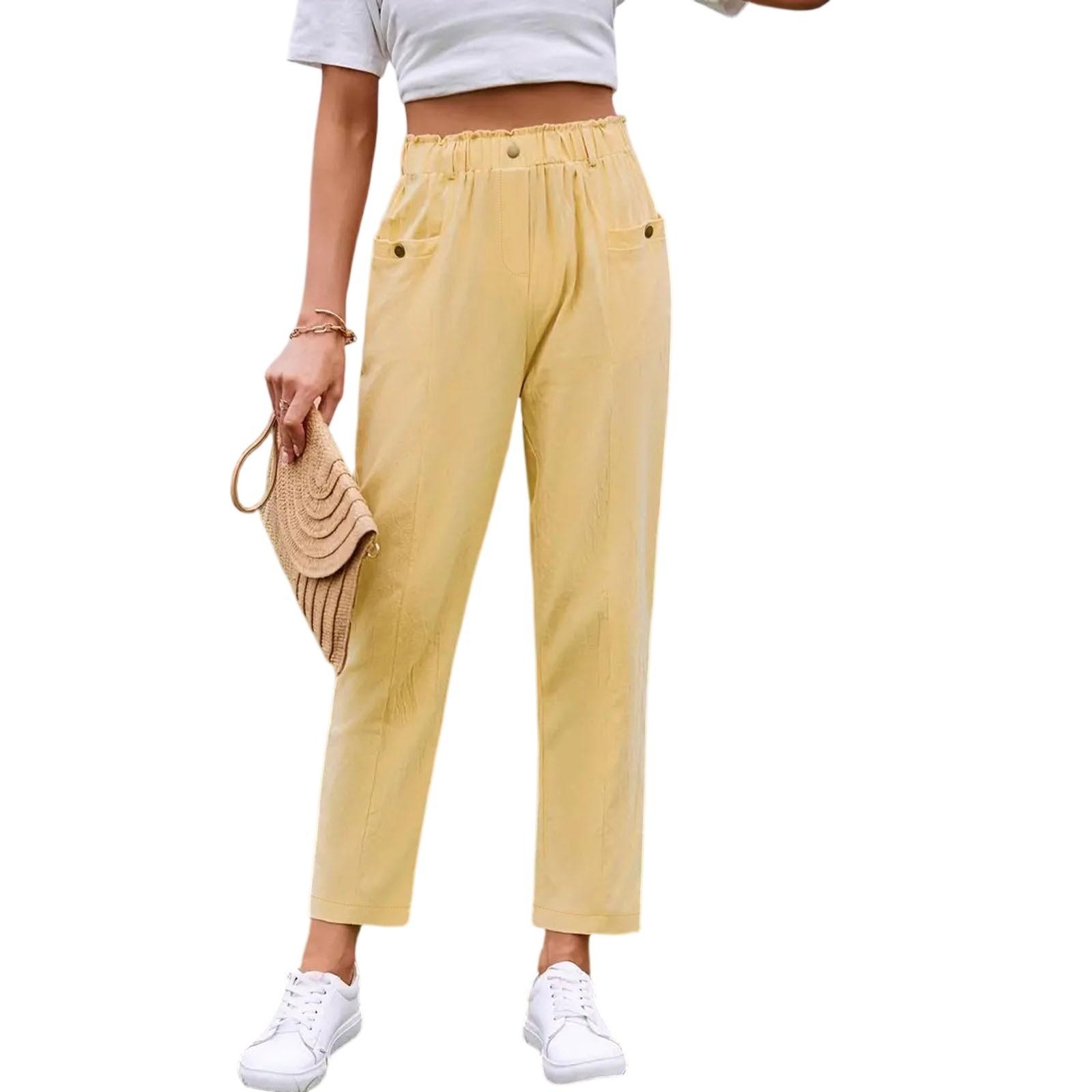 

Женские модные однотонные брюки с эластичной талией, свободные и удобные спортивные брюки с широкими штанинами и карманами M жёлтый