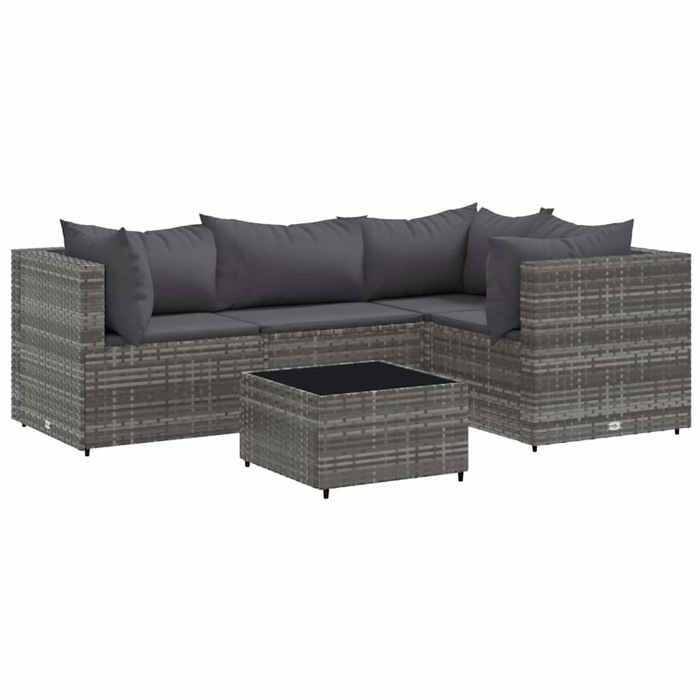 VidaXL Salon de jardin 5 pcs avec coussins Gris Résine tressée, ensemble de canapés d'extérieur, canapé d'angle de jardin, 3308082
