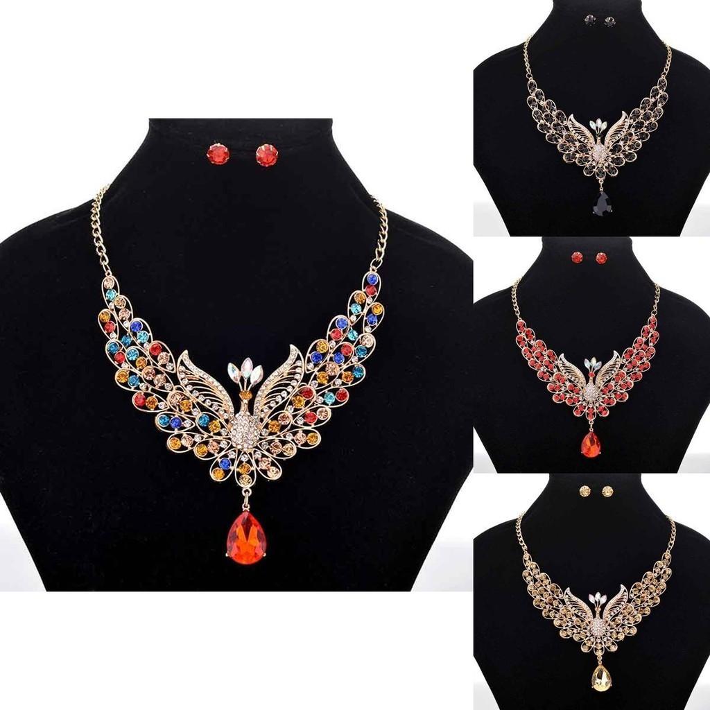 Exquisite Retro Peacock Necklace With Colorful Ear Studs Rhinestone Jewelry Set