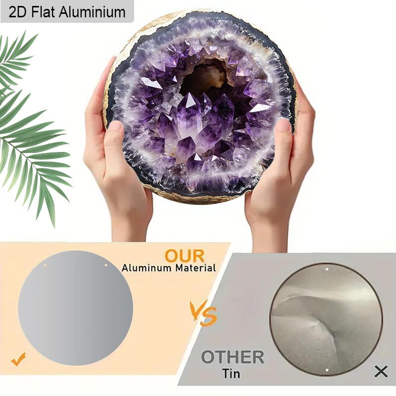 2D Flat 1pc Amethyst Aluminum Hanging Plaque, Round Gold Edge Crystal Pattern Sign, Living Room Decor, Yoga Room Home Decor, Lightweight Boho Decor