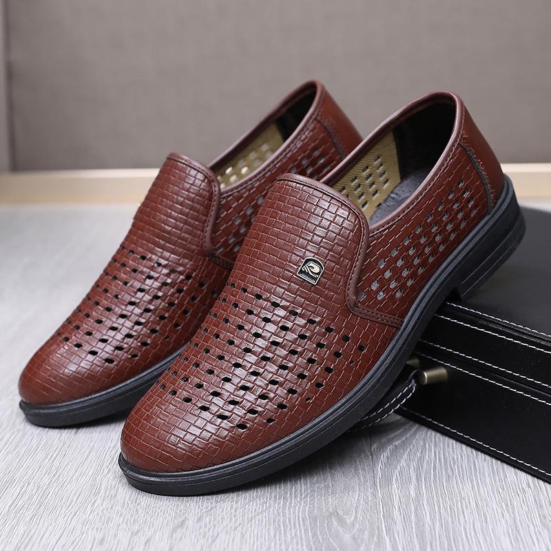 Summer leather sandals men's height increase breathable hollow business leather shoes men's casual hole shoes high-end fashion