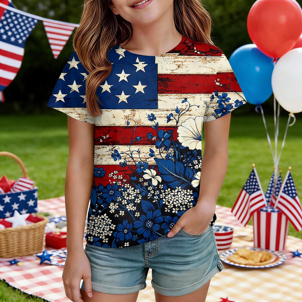 Kids Independence Day Print Round Neck Short Sleeve Casual T-shirt