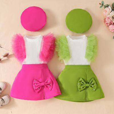 Mädchen Lässiges Mode Set Sommer Kinder Niedlich Süß Ärmelloses Gazetop + Schleifenrock + Baskenmütze Dreiteiliges Set