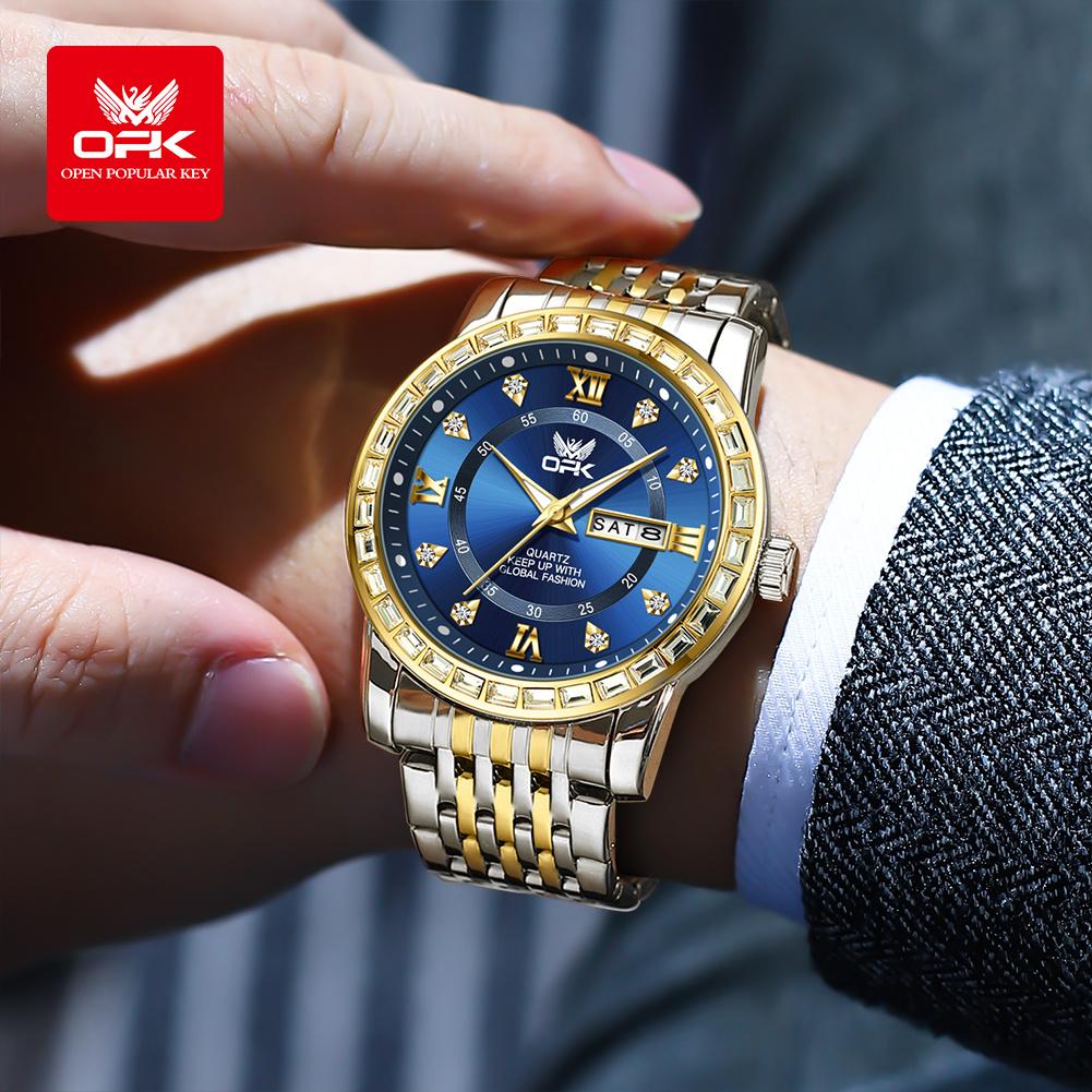 OPK Dual Calendar Luxury Quartz Watch For Men Diamond Roman Scale Business Hand Clock Waterproof Fashion Original Man Watch