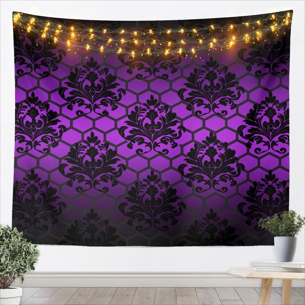 Black & White Crown Tapestry, Ornate Baroque Floral Pattern Print, Wall Hanging for Luxury & Vintage Aesthetic Home Decor