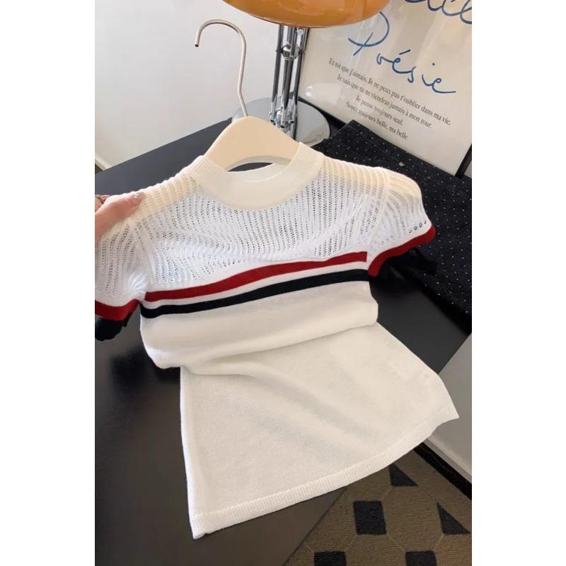 Women's Summer Striped Hollow Out Knit Short Sleeve Top T Shirt