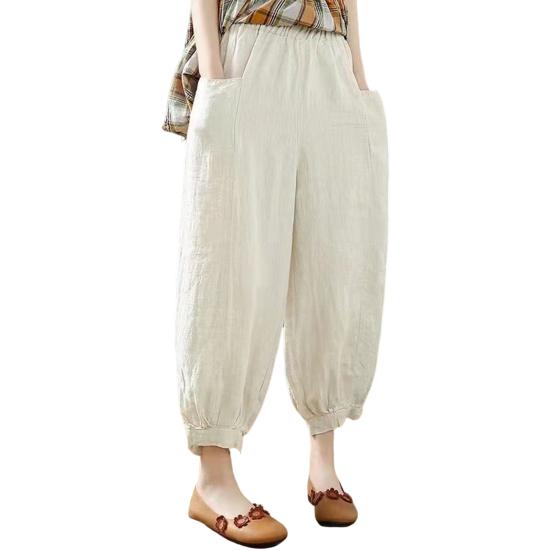 

Lantern Pants Summer Elastic Waist Solid Color Cotton Linen Dual Pockets Ankle Length Loose Fit Women Harem Baggy Trousers Daily Wear 4XL