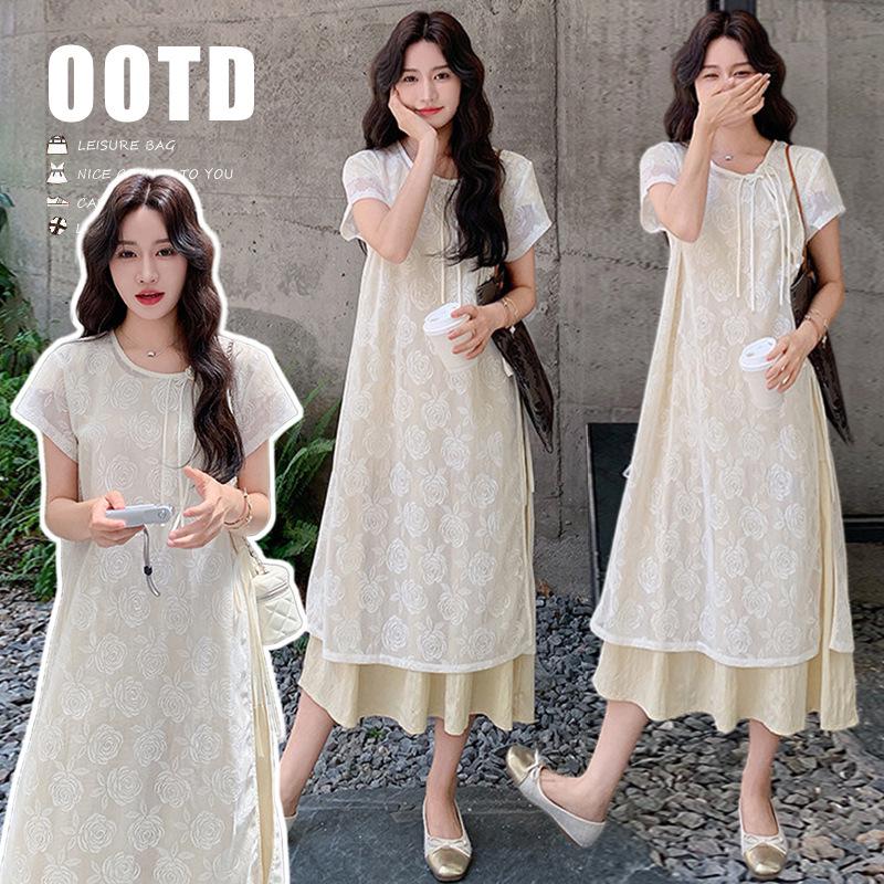 2026 Summer Maternity Blouse Dress: Fresh Embroidered, Chinese-Style, Light National Layered Two-Piece Set