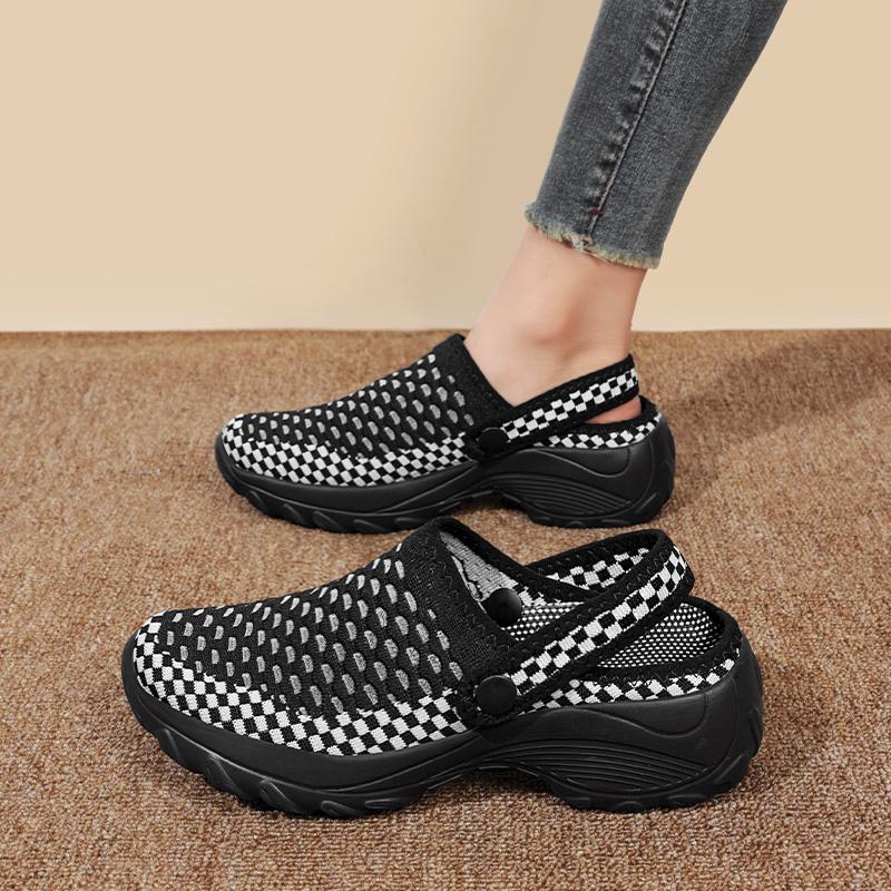 Women Round-toe Half Slippers Breathable Mesh 2 in 1 Slippers Ladies Elastic Casual Walking Shoes Lightweight Slip-ons