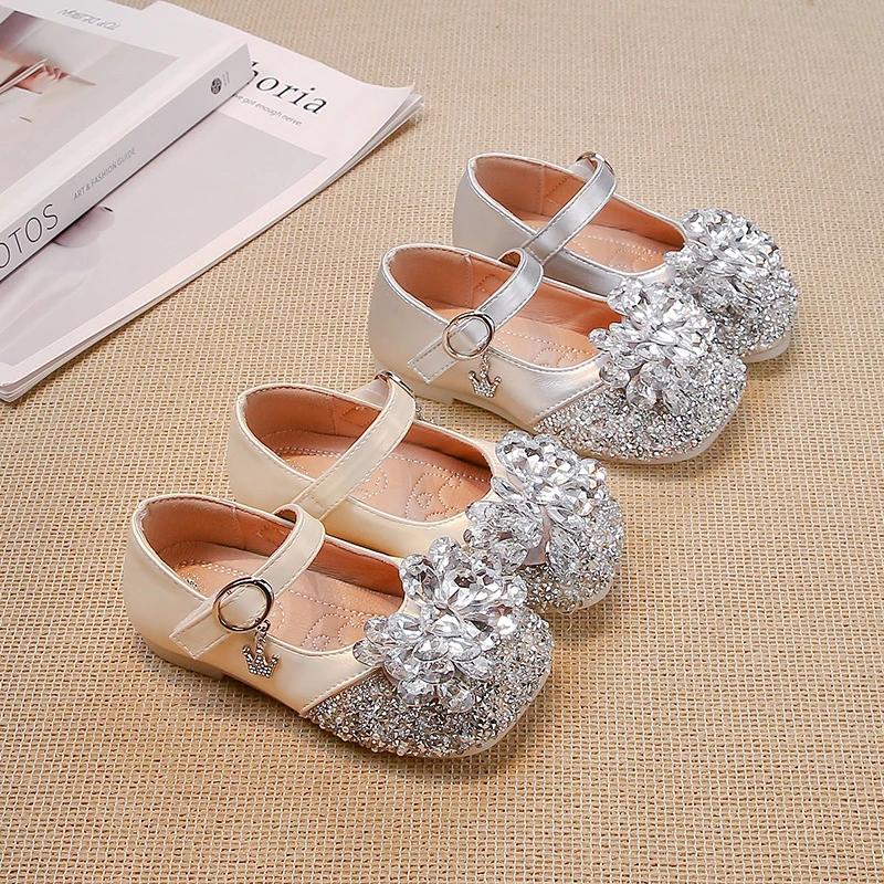 2024 Children Leather Shoes for Girls Autumn New Fashion Soft Comfortable Princess Rhinestone Chic Anti-slippery Dress Shoes