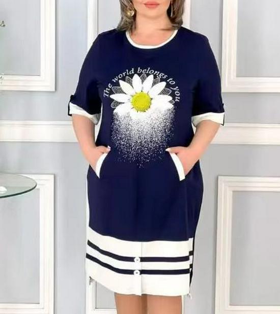 

Летнее повседневное платье с принтом, скрывающее живот, свободного кроя, с коротким рукавом, большого размера для женщин M синий