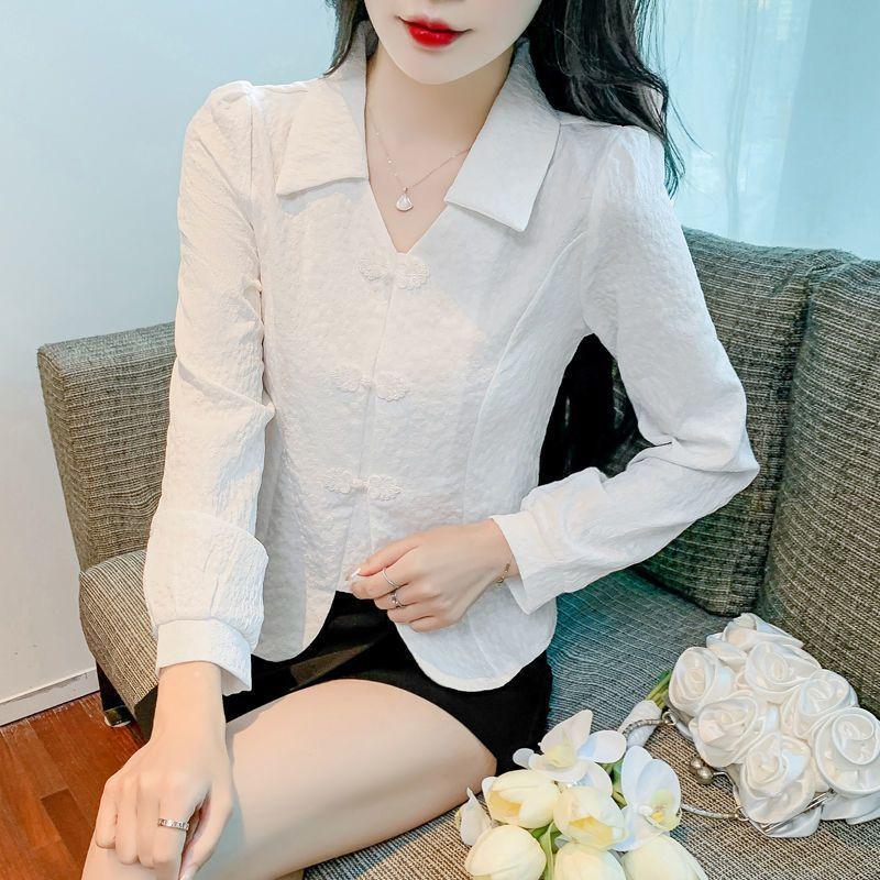 Temperament Slimming New Style Age-reducing Western Style Versatile Retro Buckle Design Chiffon Long-sleeved Top