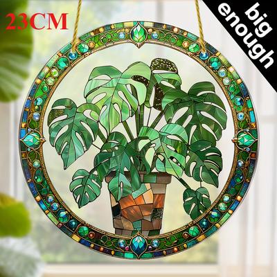 Prinzător de soare 2D plat cristal frunză verde grădină exotic junglă tropicală decorațiune agățat de perete fereastră, decorațiune naturală verde, decorațiune petrecere de sărbători