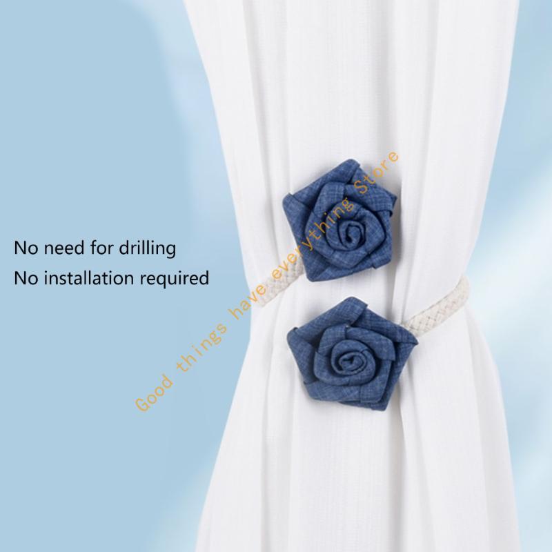 55KF 2Pcs Adjustable Curtain Tiebacks Rustics Cloth Rope and Cloth Flower Holders Holdbacks for Window Drapes Decorations