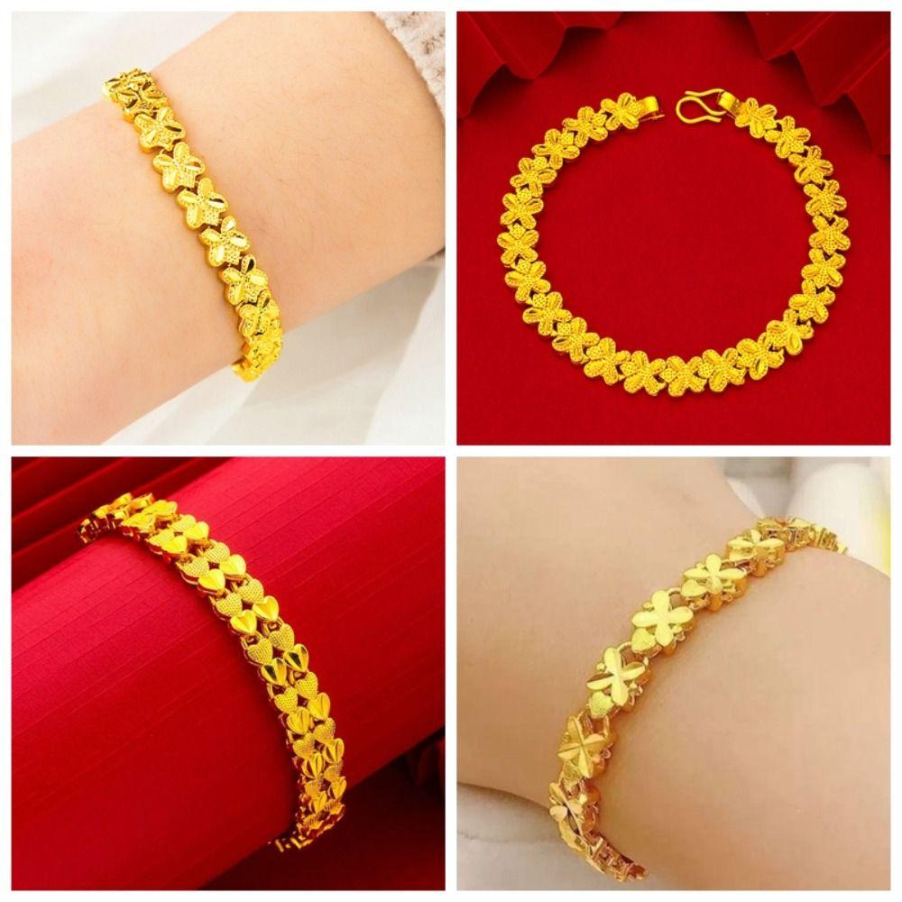 Fashionable Love Heart Golden Bracelet Flower Ornaments Hollow Bracelet Alloy Jewelry Chinese Style Bangles Gifts