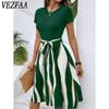 Women's Fashion Summer Spring Colour Block Print Short Sleeve O-Neck High Waist Casual Dresses
