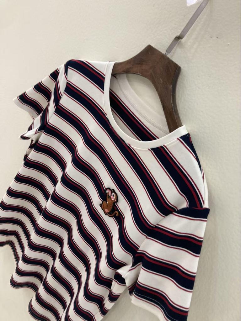 Nanyou Premium Cotton Color Block Stripe Embroidered Short Sleeve Round Neck Knit T-shirt for Women