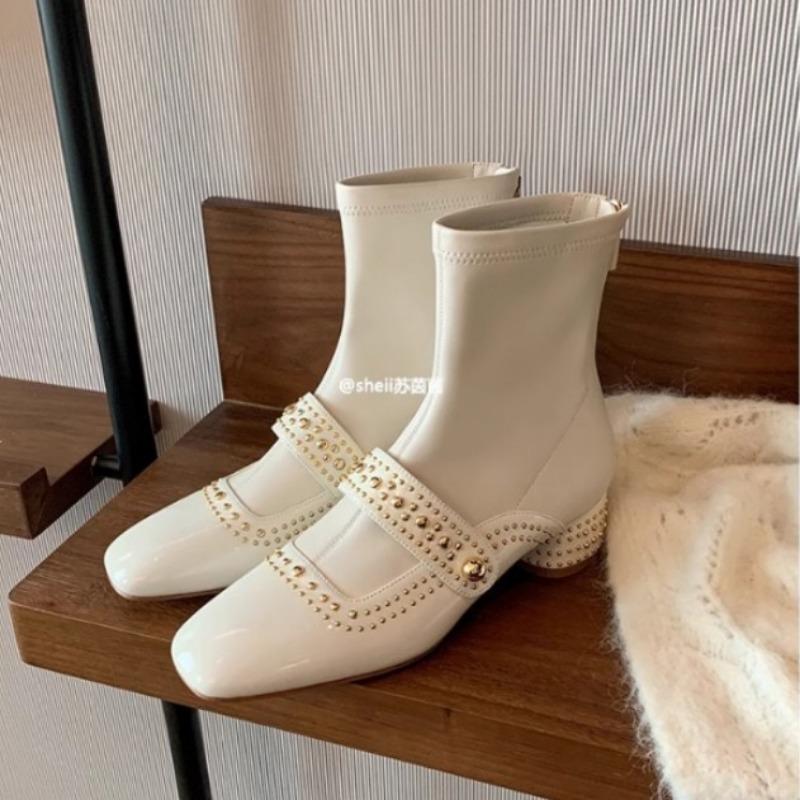 ! Shoes Square Head Rivet Rear Zipper Medium and High Elastic Boots Women's Skinny Short Boots