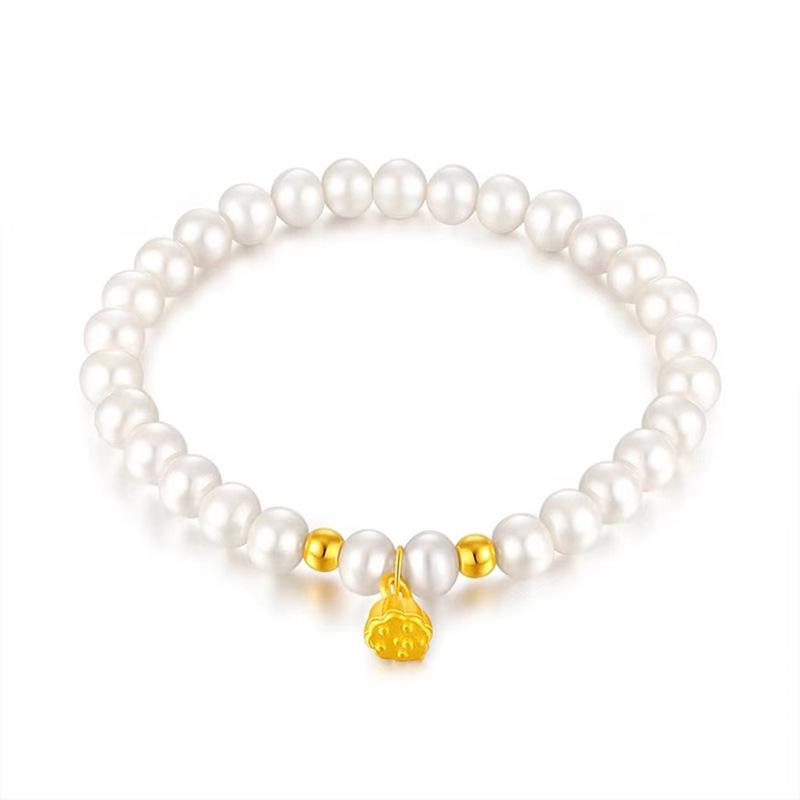 Children s Pearl & Lotus Pod Elastic Bracelet with Gold Beads Adjustable Elastic Cord