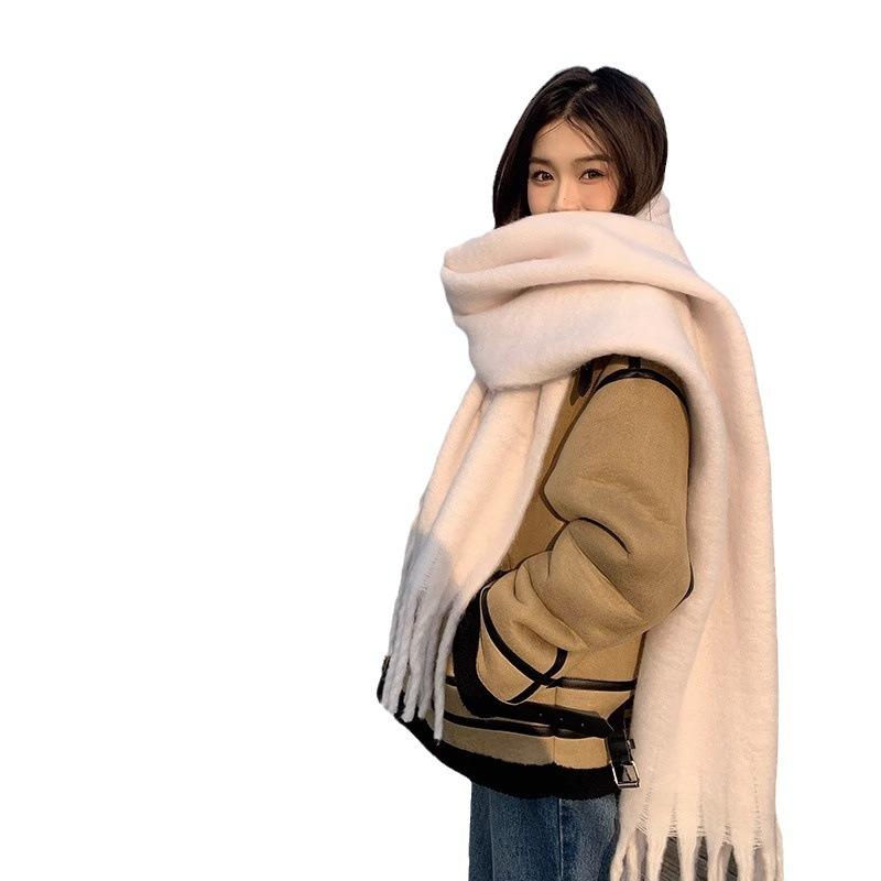 Winter new solid color versatile thickened scarf mohair fringed soft waxy warm student scarf women