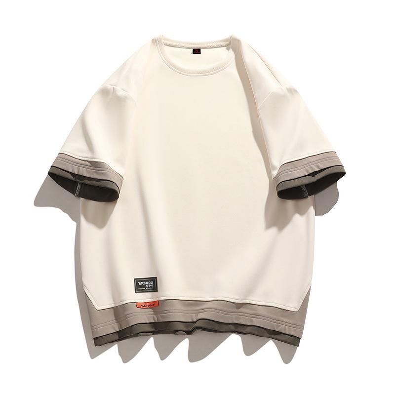 Men's Large Short-Sleeve Color-Block Fake Three-Piece Trendy Top