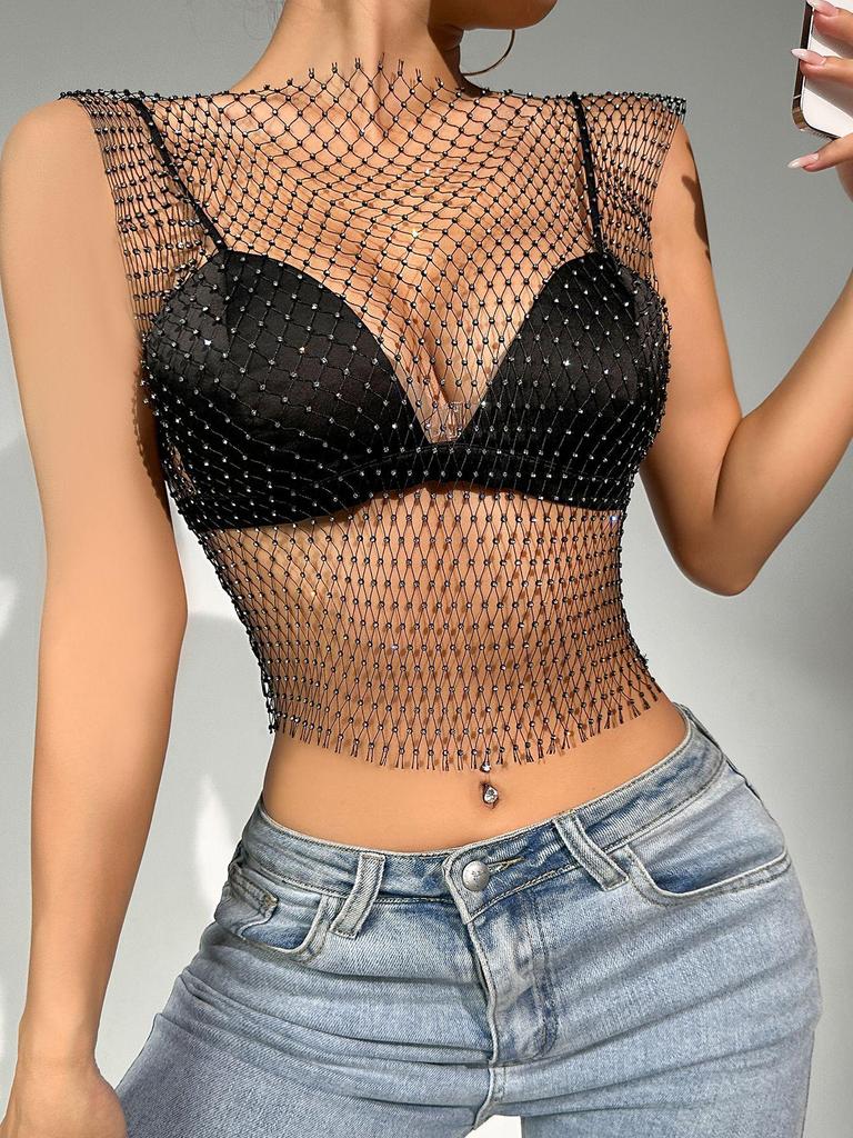 Sparkly Rhinestone Fishnet Round Neck Tank Top - Women's Summer Fashion