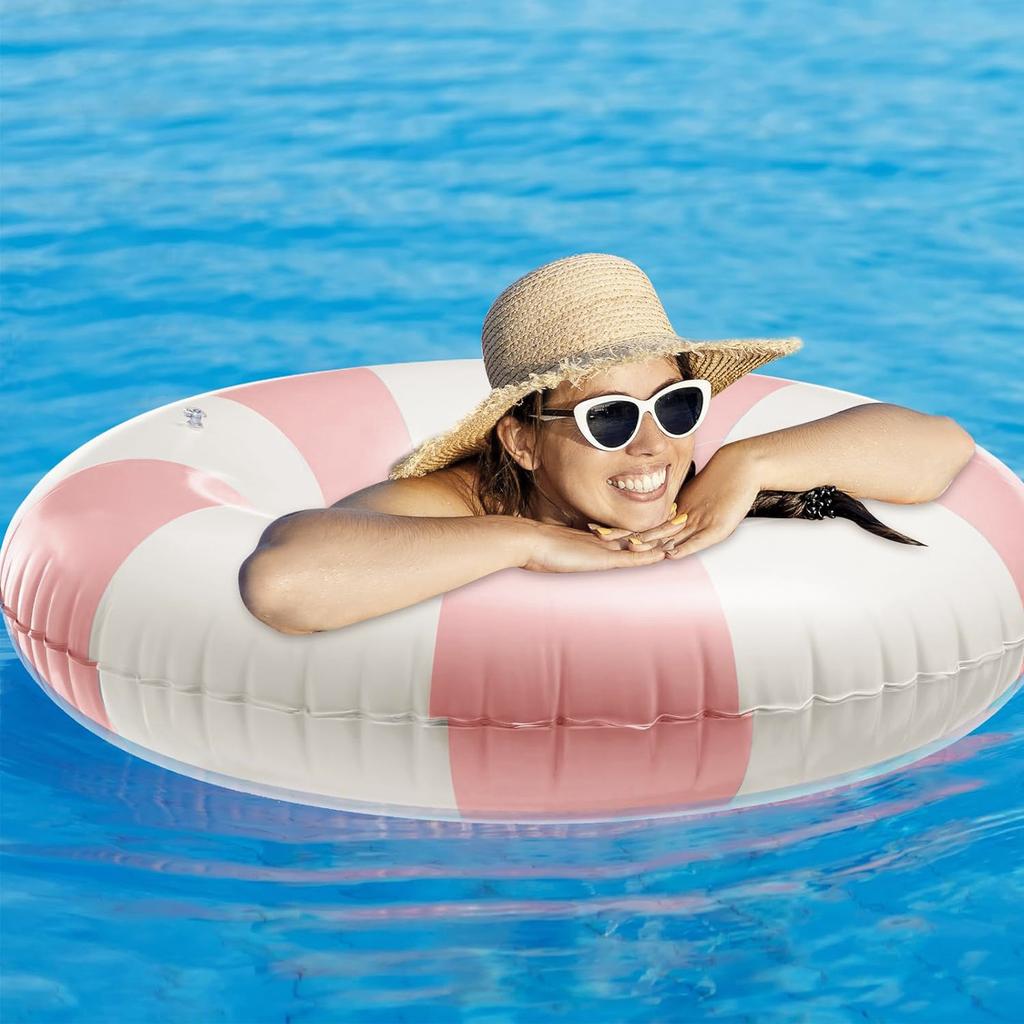 1pc Striped Double Air Bag Swimming Ring With Handle Thickened PVC Inflatable Swim Circle Beach Pool Water Floating Ring