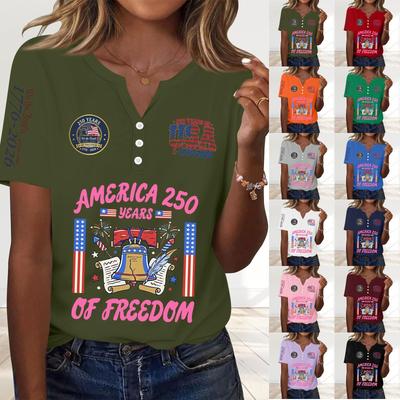T-shirt décontracté tendance pour femme, imprimé 250e Anniversaire Jour de l'Indépendance, col en V, manches courtes, boutonné, décoré
