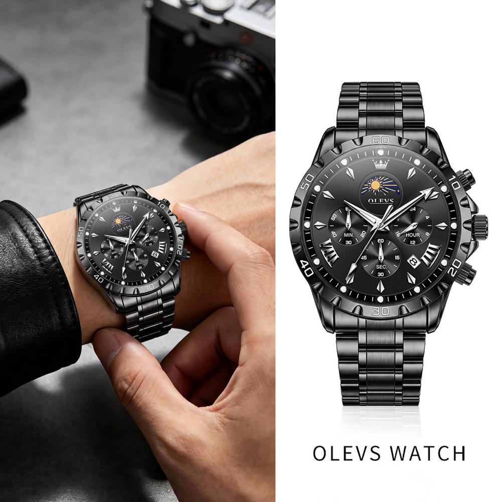 OLEVS Men's Quartz Watch Luxury Original Solid Steel Strap 24Hour Moon Phase Chronograph Waterprof Luminous Watch for Man 2949