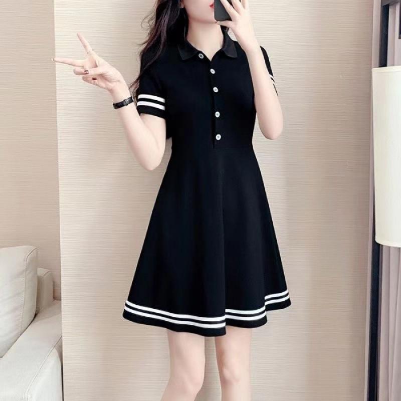 Women Summer Polo Collar Short Sleeve A‑Line Dress Casual Mid‑Length T‑Shirt Dress Slim Hide Belly Office Commuter Dress