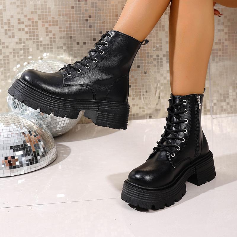 Women's Chunky Platform Ankle Boots Autumn Winter Black Pu Leather Short Booties Woman Plus Size 42 Thick Sole Motorcycle Boots