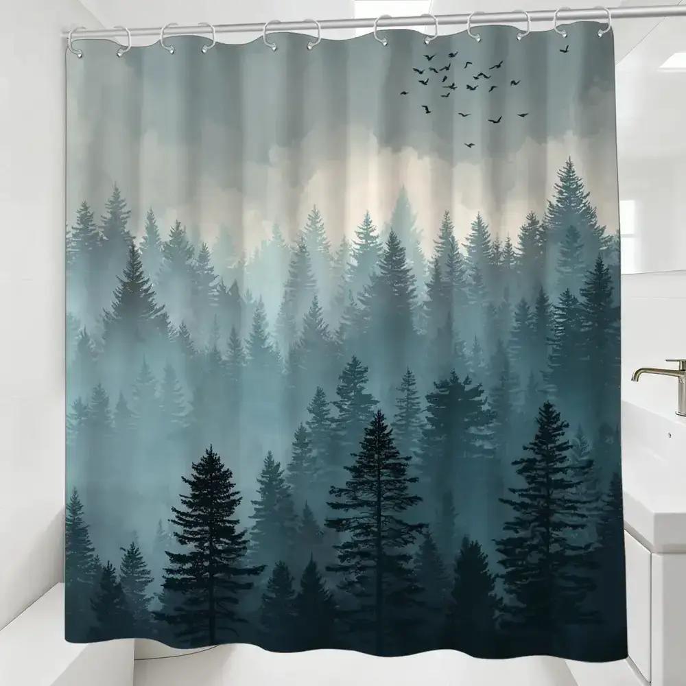 

Misty Pine Forest Shower Curtain With Flying Birds – 12 Hooks, 70.87X70.87 Inch Nature-Inspired Bathroom Decor W60H190(CM)-1 Pcs