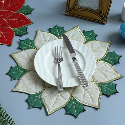 4Pcs Christmas Placemat Poinsettia Embroidered Decorative Heat Resistant Table Place Mat Holiday Dinner Table Mat Reusable