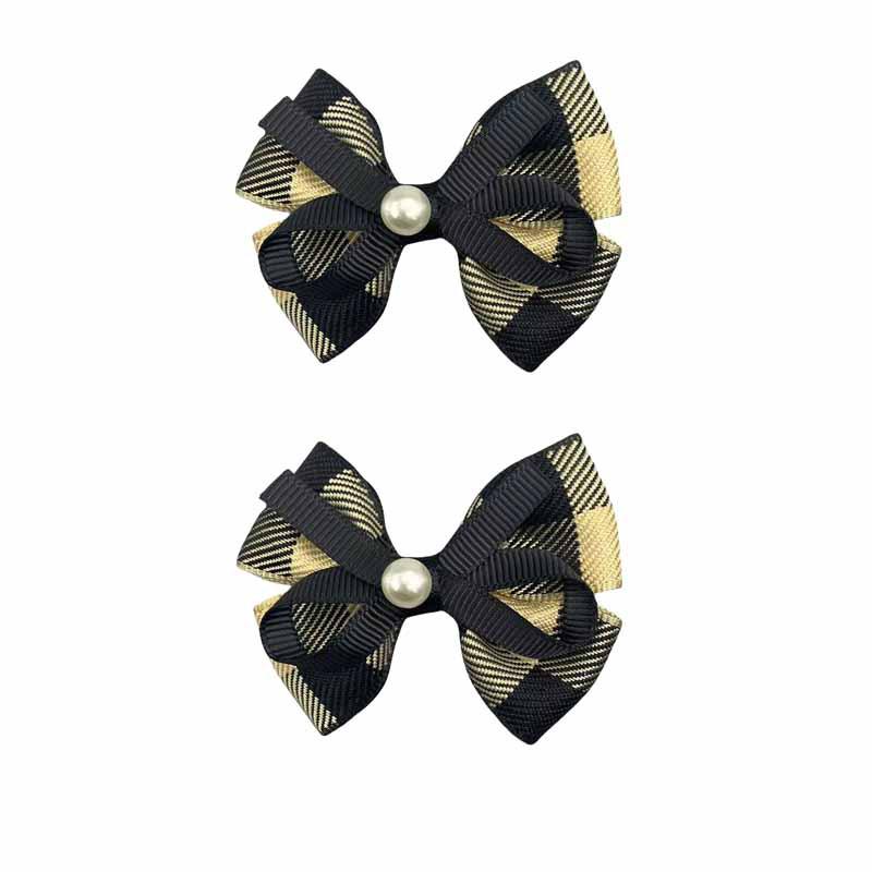 

European and American Plaid Bow Hair Clip with Pearls - Christmas Boutique Accessory for Kids чорний