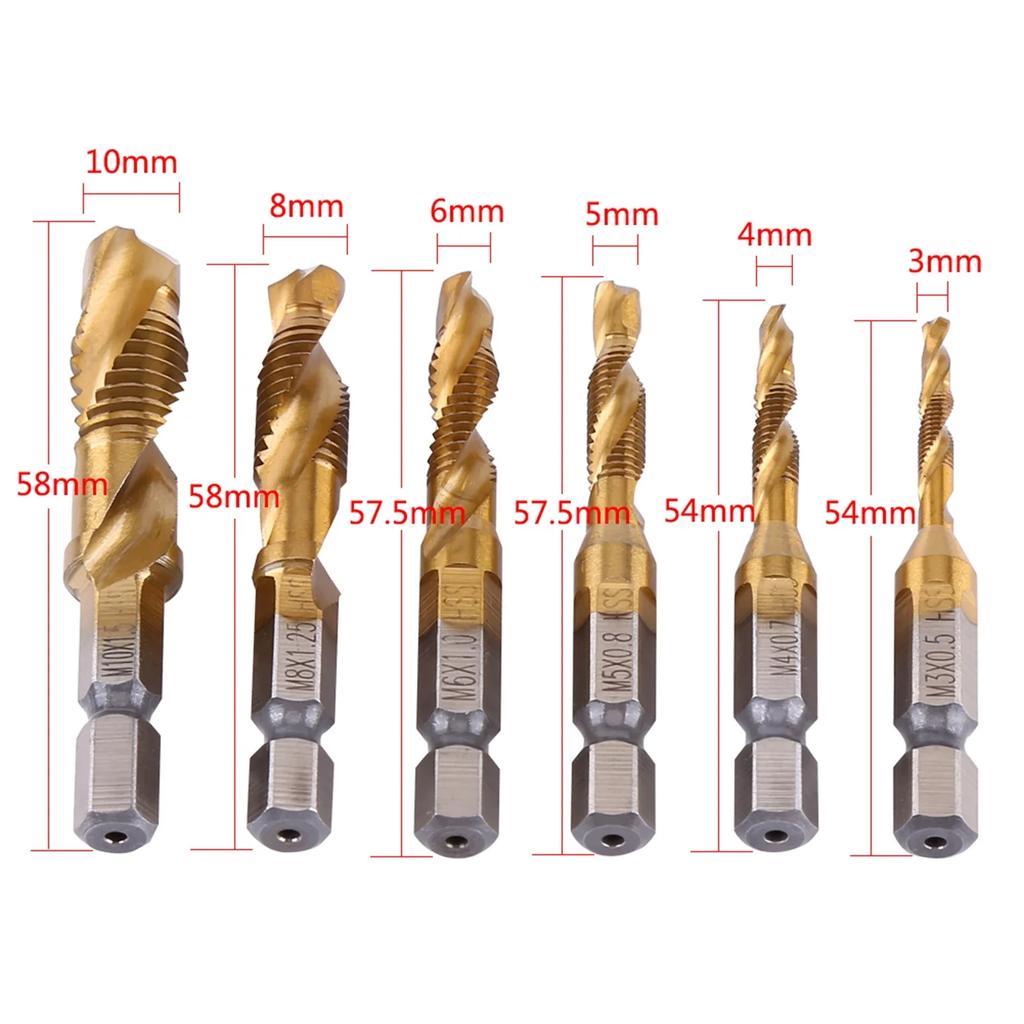 Metric Thread M3-M10 Titanium Coated HSS Drill and Tap Bits 1/4" Hex Shank Screw Taps Tool Set Thread Tap Tool Tapping Tool